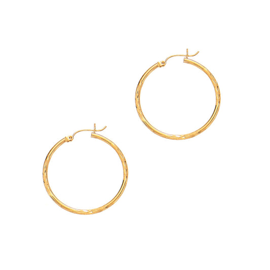 14K Yellow Gold 2x30mm Diamond Cut and Polished Design Hoop Earring