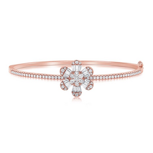 14k Gold 1.40Ct Baguette and Round Diamond Flower Bangle, available in White, Rose and Yellow Gold