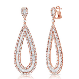 14k Gold 5.17Ct Baguette and Round Diamond Pear Shape Dangle Earring, available in White, Rose and Yellow Gold