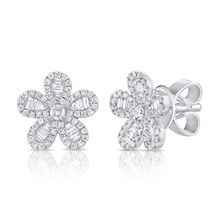 Load image into Gallery viewer, 14k Gold 0.30Ct Baguette, 0.64Ct Round Diamond Flower Earring, available in White, Rose and Yellow Gold
