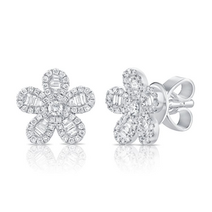 14k Gold 0.30Ct Baguette, 0.64Ct Round Diamond Flower Earring, available in White, Rose and Yellow Gold