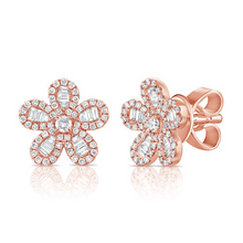 Load image into Gallery viewer, 14k Gold 0.30Ct Baguette, 0.64Ct Round Diamond Flower Earring, available in White, Rose and Yellow Gold
