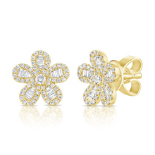 Load image into Gallery viewer, 14k Gold 0.30Ct Baguette, 0.64Ct Round Diamond Flower Earring, available in White, Rose and Yellow Gold
