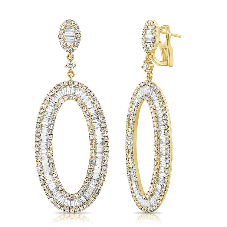 14K Gold 2.00ct Baguette, 1.63ct Round Diamond Oval Drop Earring, available in White, Rose and Yellow Gold