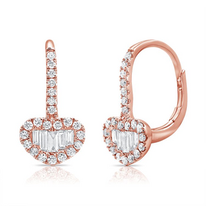 14k Gold 0.17Ct Baguette, 0.34Ct Round Diamond Dangle Heart Earring, Available in White, Rose and Yellow Gold