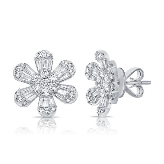 14k White Gold 2.23Ct Baguette and Round Flower Earring