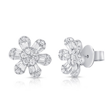 Load image into Gallery viewer, 14k Gold 1.47Ct Baguette and Round Diamond Flower Earring, available in White, Rose and Yellow Gold
