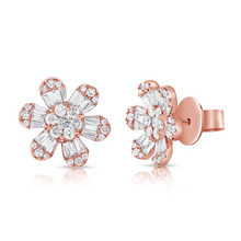 Load image into Gallery viewer, 14k Gold 1.47Ct Baguette and Round Diamond Flower Earring, available in White, Rose and Yellow Gold
