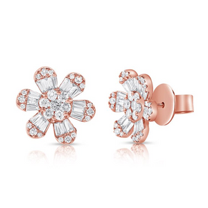14k Gold 1.47Ct Baguette and Round Diamond Flower Earring, available in White, Rose and Yellow Gold