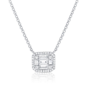 14k Gold 0.24Ct Baguette, 0.13Ct Round Diamond Necklace, available in White, Rose and Yellow Gold