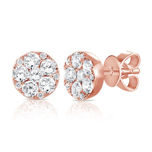 14k 1.18 Ct Diamond Cluster Stud Earring, Available in White, Rose and Yellow Gold.