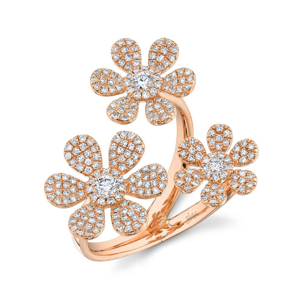 14k Gold 0.62 Ct Three Flower Diamond Ring, Available in White, Rose and Yellow Gold