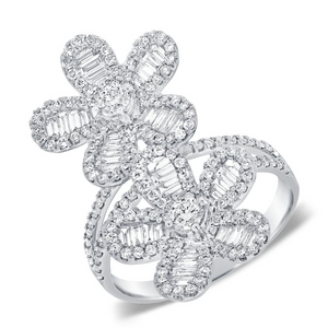 14k White Gold 1.51 Ct Baguette and Round Diamond Two Flower Ring