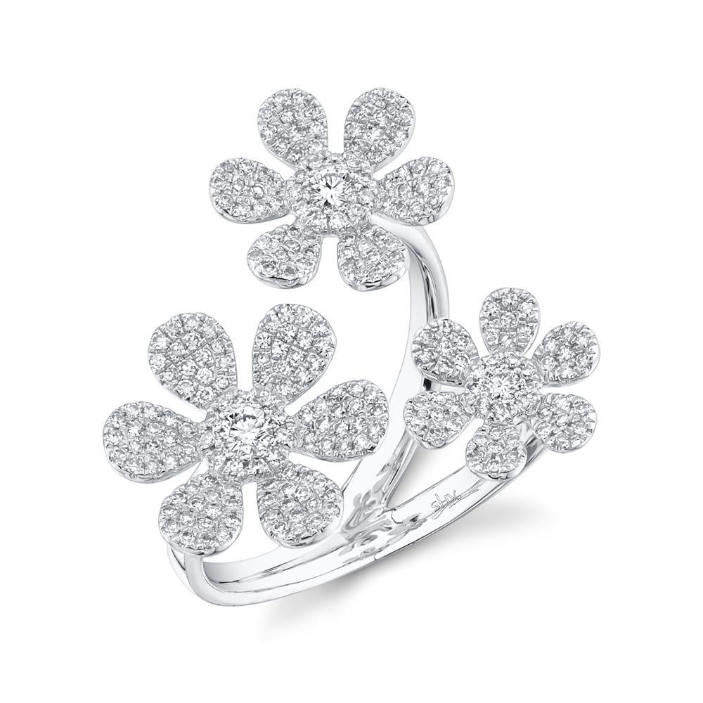 14k Gold 0.62 Ct Three Flower Diamond Ring, Available in White, Rose and Yellow Gold