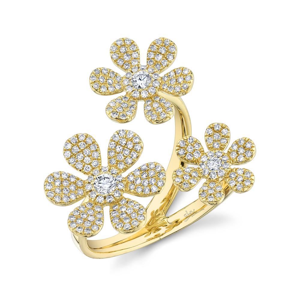 14k Gold 0.62 Ct Three Flower Diamond Ring, Available in White, Rose and Yellow Gold